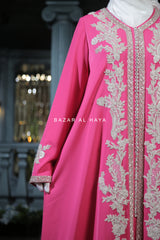 Rassberry Duha Moroccan Embroidered Luxurious Kaftan Abaya With Silk Dress & Belt Set - 3 Piece