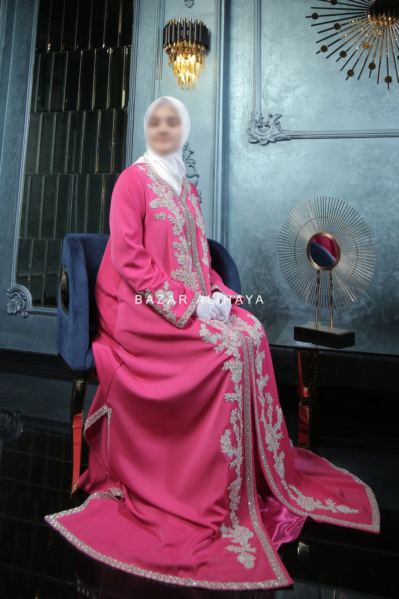 Rassberry Duha Moroccan Embroidered Luxurious Kaftan Abaya With Silk Dress & Belt Set - 3 Piece