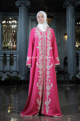 Rassberry Duha Moroccan Embroidered Luxurious Kaftan Abaya With Silk Dress & Belt Set - 3 Piece