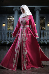 Rassberry Duha Moroccan Embroidered Luxurious Kaftan Abaya With Silk Dress & Belt Set - 3 Piece