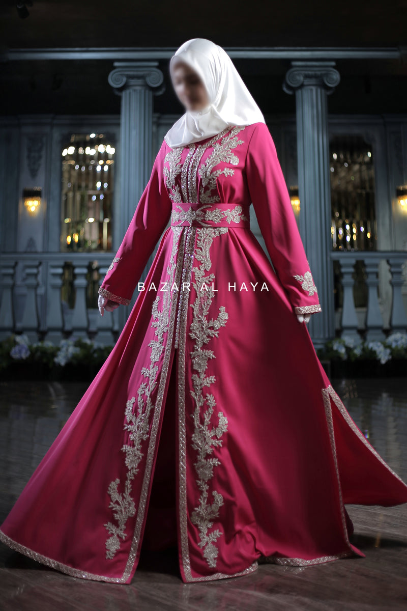 Rassberry Duha Moroccan Embroidered Luxurious Kaftan Abaya With Silk Dress & Belt Set - 3 Piece