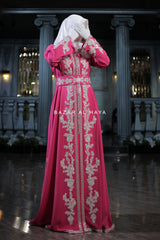 Rassberry Duha Moroccan Embroidered Luxurious Kaftan Abaya With Silk Dress & Belt Set - 3 Piece