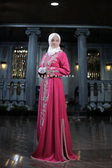 Rassberry Duha Moroccan Embroidered Luxurious Kaftan Abaya With Silk Dress & Belt Set - 3 Piece