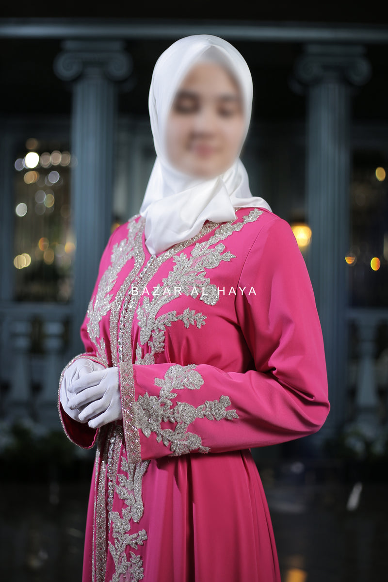 Rassberry Duha Moroccan Embroidered Luxurious Kaftan Abaya With Silk Dress & Belt Set - 3 Piece