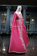 Rassberry Duha Moroccan Embroidered Luxurious Kaftan Abaya With Silk Dress & Belt Set - 3 Piece