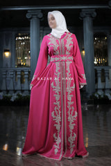 Rassberry Duha Moroccan Embroidered Luxurious Kaftan Abaya With Silk Dress & Belt Set - 3 Piece