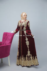 Yusra Moroccan Embroidered Luxurious Velour Kaftan Abaya In Maroon