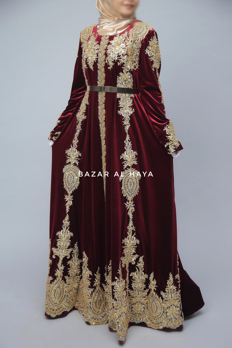 Yusra Moroccan Embroidered Luxurious Velour Kaftan Abaya In Maroon