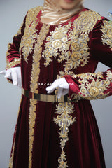 Yusra Moroccan Embroidered Luxurious Velour Kaftan Abaya In Maroon