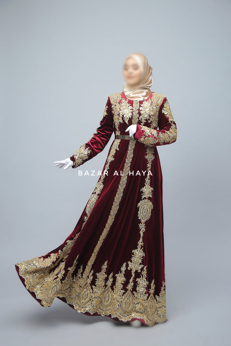 Yusra Moroccan Embroidered Luxurious Velour Kaftan Abaya In Maroon