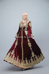 Yusra Moroccan Embroidered Luxurious Velour Kaftan Abaya In Maroon