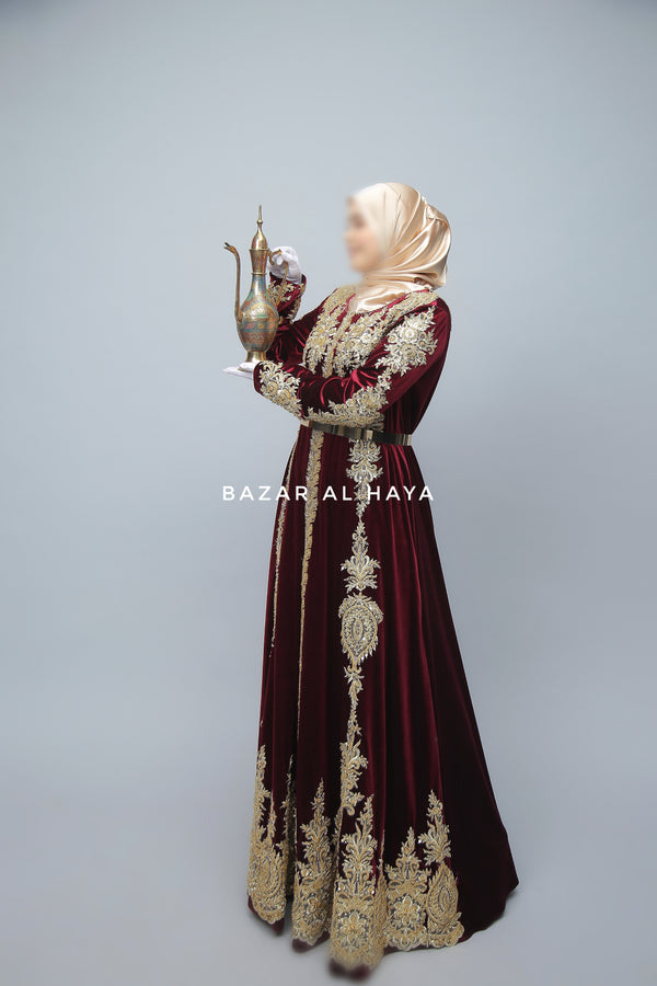 Yusra Moroccan Embroidered Luxurious Velour Kaftan Abaya In Maroon