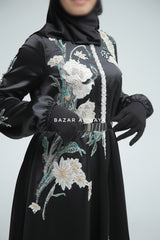 Farha Black Moroccan Embroidered Luxurious Silk Kaftan Abaya