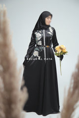 Farha Black Moroccan Embroidered Luxurious Silk Kaftan Abaya