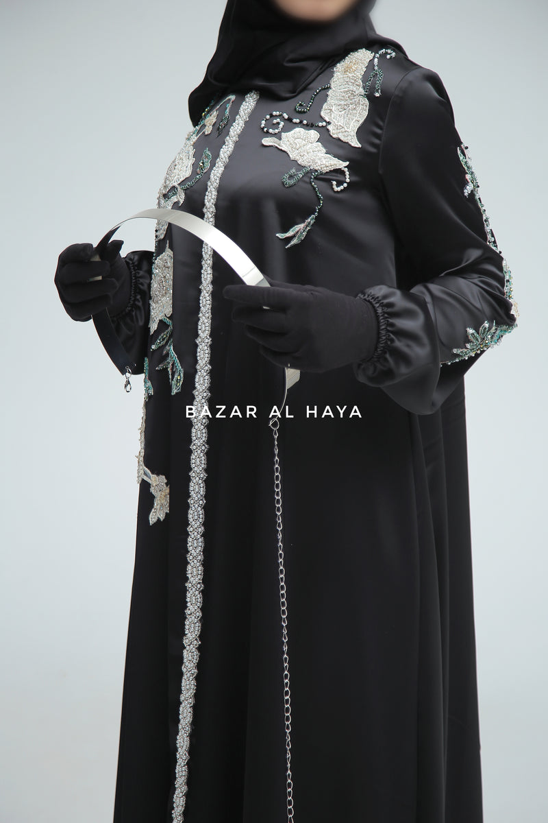 Farha Black Moroccan Embroidered Luxurious Silk Kaftan Abaya