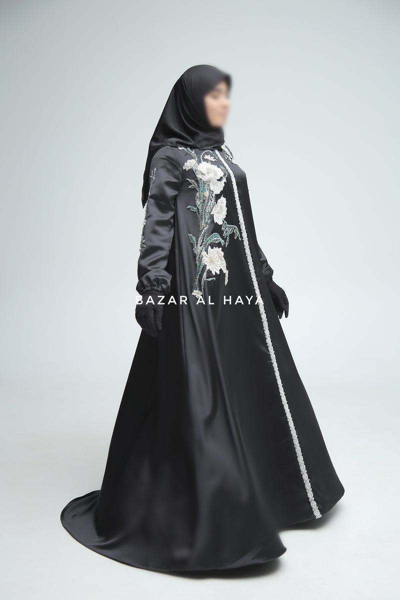 Farha Black Moroccan Embroidered Luxurious Silk Kaftan Abaya