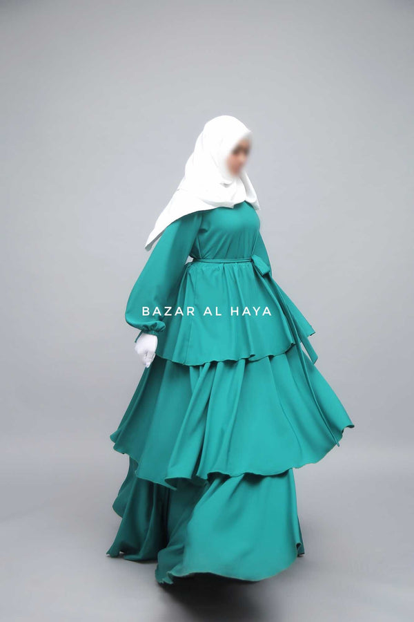 Zuhur Jade Green Ruffle Tiered Maxi Abaya Dress - Soft Silk Crepe